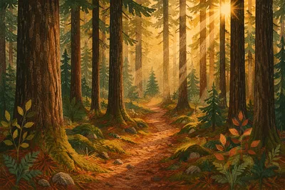 Sunlit Forest Path Through Green Pines