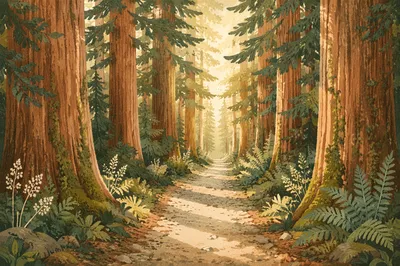 Sunlit Evergreen Forest Path