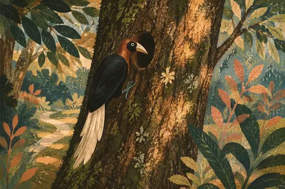 Tropical Bird on Sunlit Forest Tree