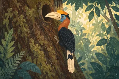 Tropical Hornbill on Mossy Rainforest Tree