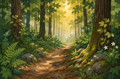Sunlit Forest Path Through Green Trees