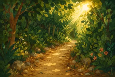 Sunlit Forest Path Through Summer Trees