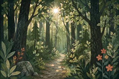 Sunlit Forest Path Through Emerald Woodland