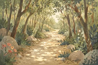 Sunlit Forest Path Through Green Woodland