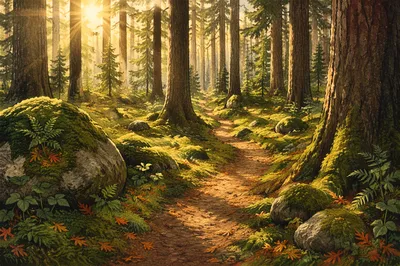 Sunlit Evergreen Forest Path with Moss