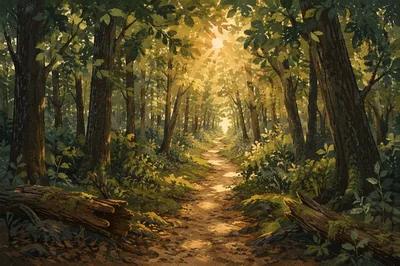 Sunlit Forest Path Through Green Trees