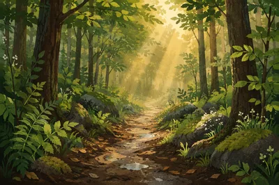 Sunlit Forest Path After Spring Rain