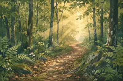 Sunlit Forest Path After Morning Rain