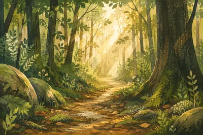 Sunlit Forest Path After Morning Rain