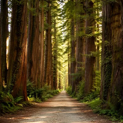 Sunlit Evergreen Forest Path