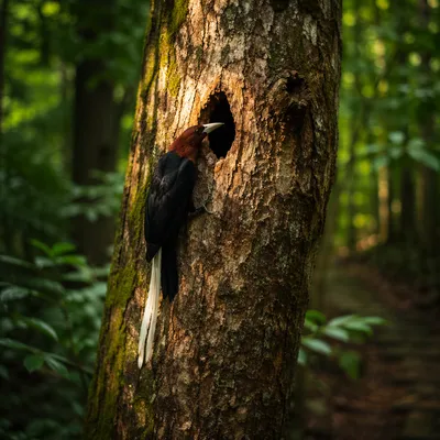 Tropical Bird on Mossy Forest Trunk