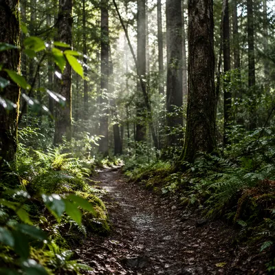 Sunlit Forest Path After Morning Rain