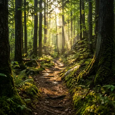 Sunlit Forest Path Through Green Trees