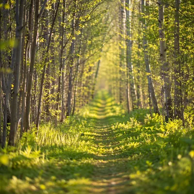 Sunlit Forest Path Through Spring Trees