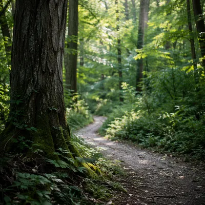 Peaceful Forest Path in Morning Sunlight