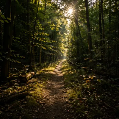 Sunlit Forest Path Through Green Woods