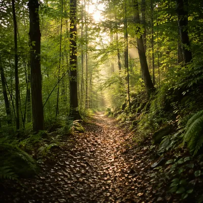 Sunlit Forest Path After Morning Rain