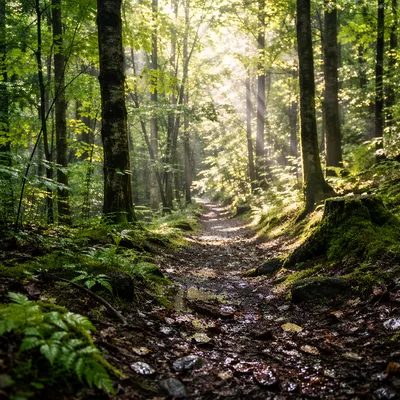 Sunlit Forest Path After Morning Rain