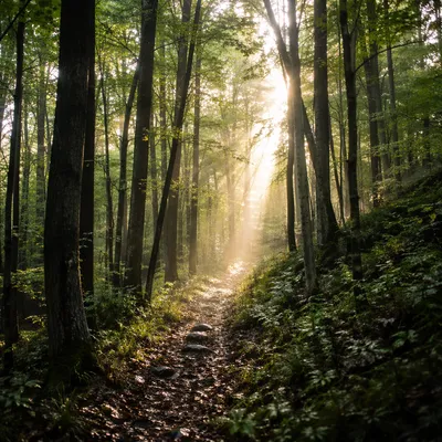 Sunlit Forest Path Through Green Trees
