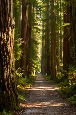 Sunlit Evergreen Forest Path