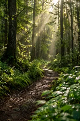 Sunlit Forest Path After Morning Rain