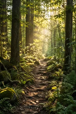 Sunlit Forest Path Through Green Trees