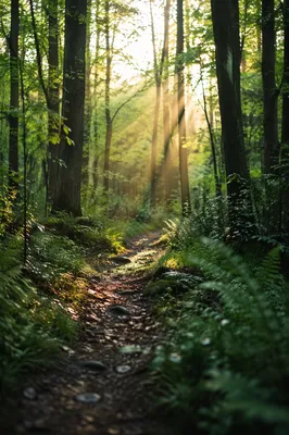 Sunlit Forest Path After Spring Rain