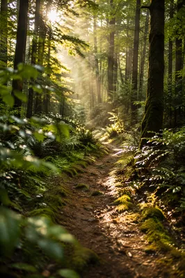 Sunlit Forest Path After Morning Rain
