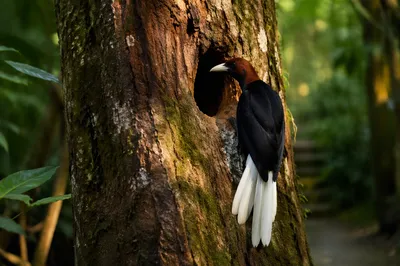Tropical Bird on Mossy Forest Trunk