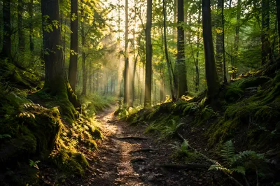 Sunlit Forest Path Through Green Trees