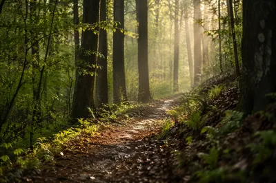 Sunlit Forest Path After Spring Rain