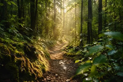 Sunlit Forest Path After Morning Rain