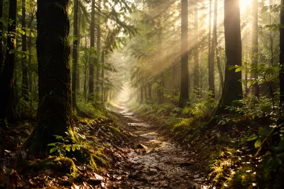 Sunlit Forest Path After Morning Rain