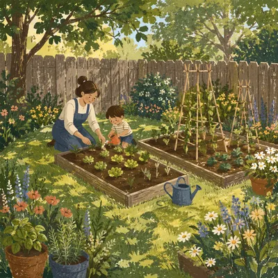 Late Spring Backyard Garden with Green Lawn