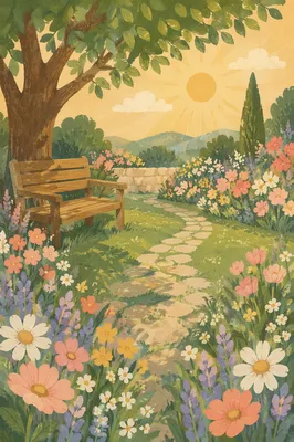 Peaceful Sunrise Garden with Dewy Lawn