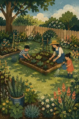 Late Spring Backyard Garden with Green Lawn