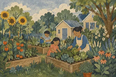 Early Summer Backyard Garden with Raised Beds