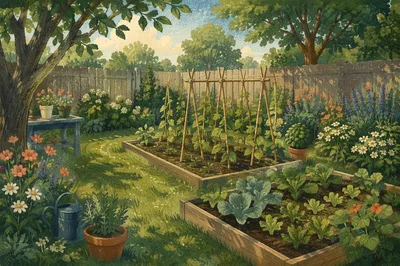 Late Spring Backyard Garden with Green Lawn