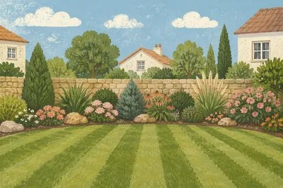 Sunny Suburban Backyard Garden with Striped Lawn