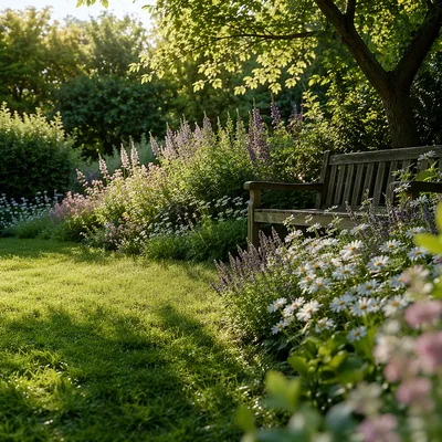 Peaceful Spring Backyard Garden with Bench