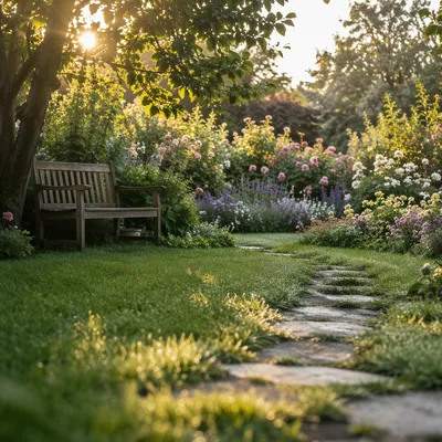 Peaceful Sunrise Backyard Garden with Blooming Flowers