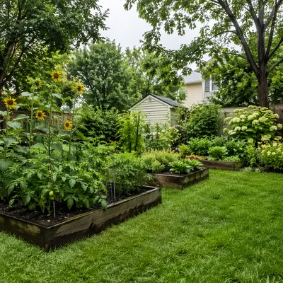 Early Summer Backyard Garden with Raised Beds