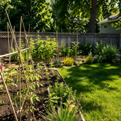 Late Spring Backyard Garden with Curved Lawn