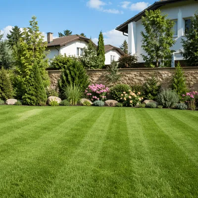 Sunny Suburban Backyard Garden with Green Lawn