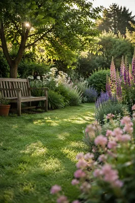 Peaceful Spring Backyard Garden with Bench