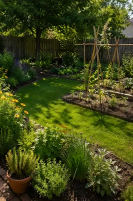 Late Spring Backyard Garden With Lawn
