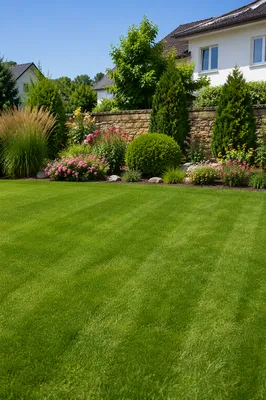 Sunny Backyard Garden With Fresh Green Lawn