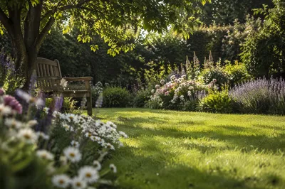 Peaceful Spring Backyard Garden with Bench