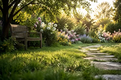 Peaceful Sunrise Backyard Garden with Flowers