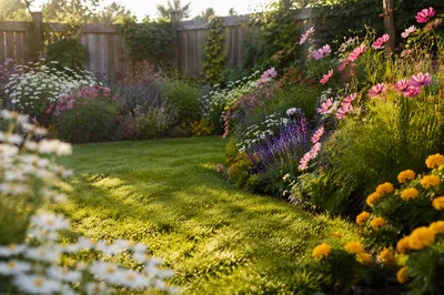 Peaceful Spring Backyard Garden with Blooming Flowers